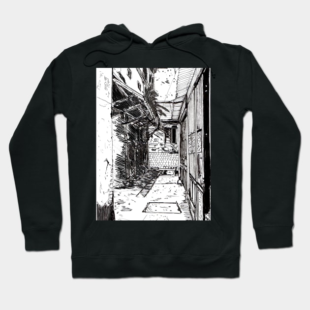 Alleyway Saigon Vietnam Pen and Ink Illustration Hoodie by Wall-Art-Sketch